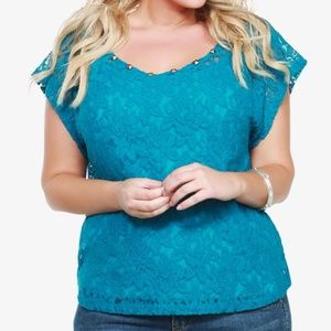 Turquoise Studded Button-Back Lace Top